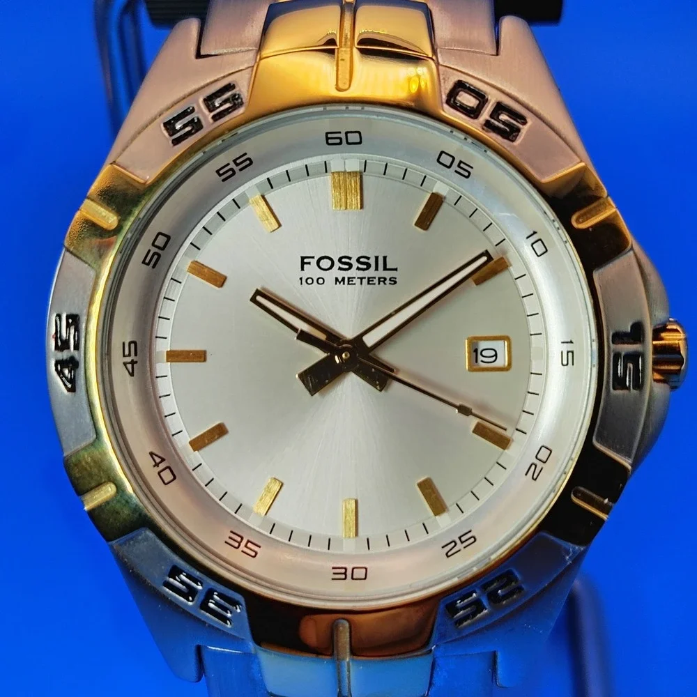 New! Vintage 2001 Fossil PR-5340 Two‎ Tone Date 40mm Mens Quartz Watch Full Set